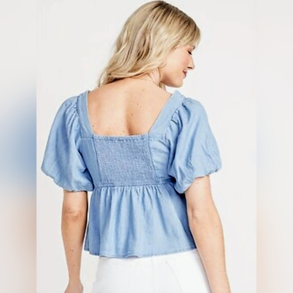 Old Navy Chambray Puff Sleeve Sweetheart Neckline Define Waist Top sz L - Picture 3 of 14